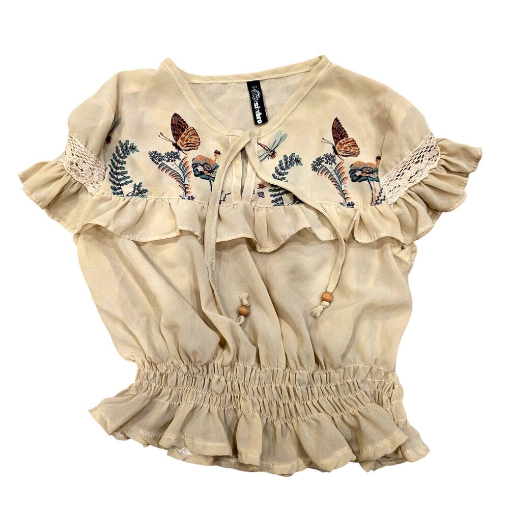 Six6bro bohemian butterflies and dragonflies, lace panels sleeves top youth sz L